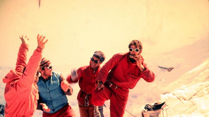 David Roberts, Peter Carman, Hank Abrons, and Rick Millikan at Camp Six on July 7, at an altitude of 12,600 feet