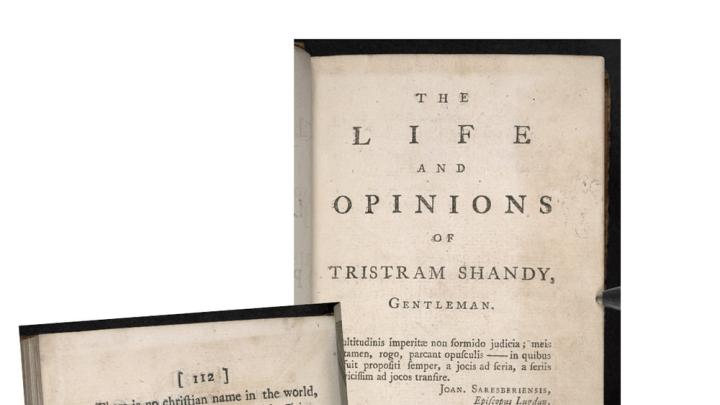 Pages from the first editions of various volumes of Laurence Sterne’s novel The Life and Opinions of Tristram Shandy, Gentleman, dating from 1759 to 176