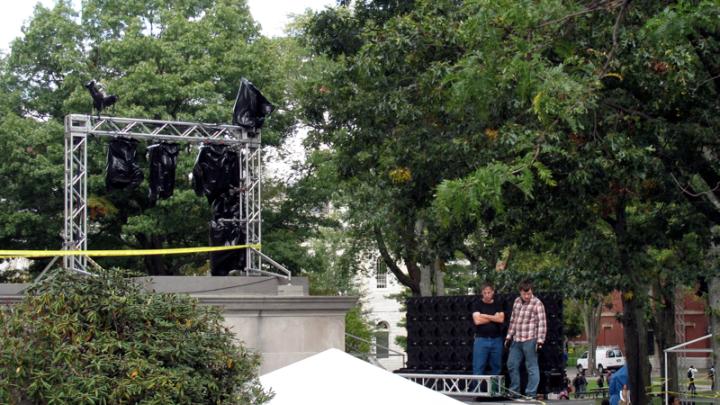 Light stands and LED rigging at Widener’s parapet
