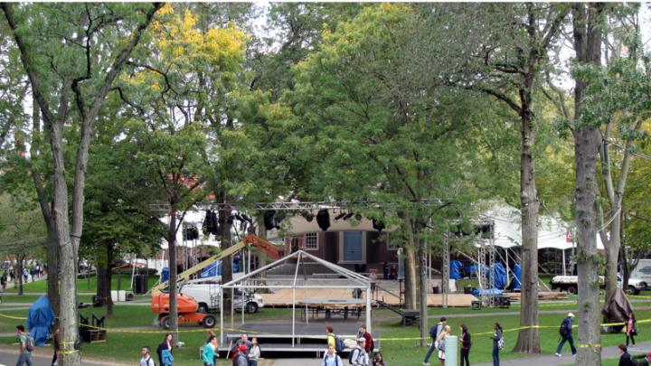 Preparations were under way Wednesday for Friday's celebration in Harvard Yard. Here, the view from Widener toward Memorial Church: the stand for Joanne Chang’s Harvard birthday cake, the platform where Yo-Yo Ma will perform, and the dance stage and band tent immediately in front of the church.