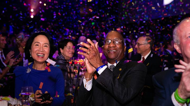 Lilian Cheung, S.M. ’75, S.D. ’78, and Donald Hopkins, M.P.H. ’70, celebrate HSPH's centennial.