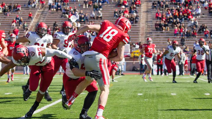 Jake Lindsey wrapped up Cornell receiver Ben Rogers after a nine-yard gain. The Crimson limited the Big Red to 112 yards through the air.