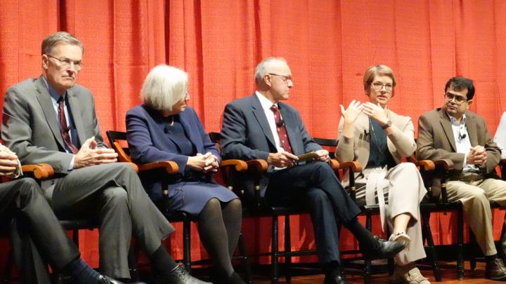 Bruce Walker, Dyann Wirth, moderator George Q. Daley, Angela DePace, and Samir Mitragotri at a symposium titled “Life Sciences Innovation and the Future of Medicine.”