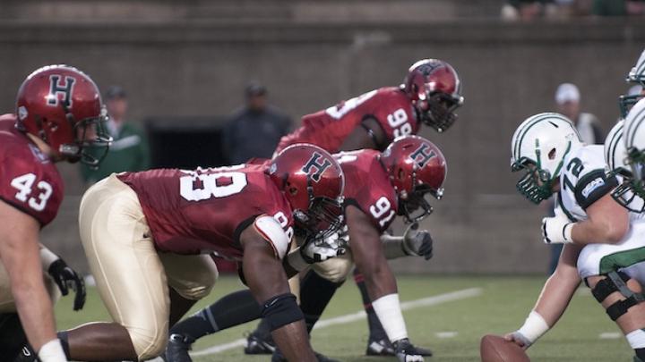 The brothers Obukwelu, Nnamdi (88) and Obum (91), helped bulwark the Crimson’s defensive line. Obum had a team-leading eight tackles and a quarterback hurry in the Dartmouth game, while Nnamdi made five tackles. Linebacker Eric Medes (43) was credited with six tackles, while end Zach Hodges (99) had five tackles and four quarterback hurries.