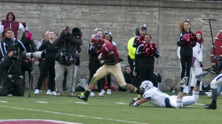 The play that made “slant and go” part of Crimson lore: Having put a double move on Yale’s Dale Harris, Andrew Fischer ’16 capered into the end zone after catching the winning pass from Scott Hempel with 55 seconds left.