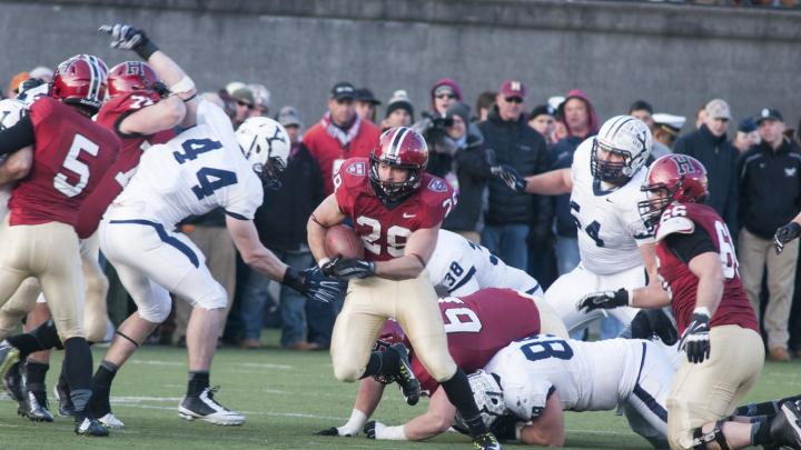 Despite an up-and-down day (two fumbles), running back Paul Stanton Jr. ’16 (number 29) led the Crimson with 109 yards rushing—20 of which came on the final drive. A notable blocker was 2013’s leading receiver Ricky Zorn '14-'15 (number 5), who had missed the entire 2014 season but made it back for The Game.