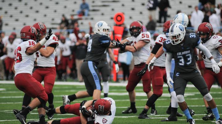Crimson ball! Harvard sophomore Jack Stansell pounced on a fumbled punt at the Columbia 13. The turnover set up a 40-yard field goal by sophomore Kenny Smart.