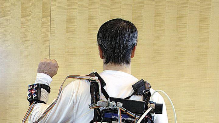 The actuator box, carried in the wearer's backpack, provides well-timed bursts of power that are transmitted to exosuit components strapped at the user's knee and ankle joints.