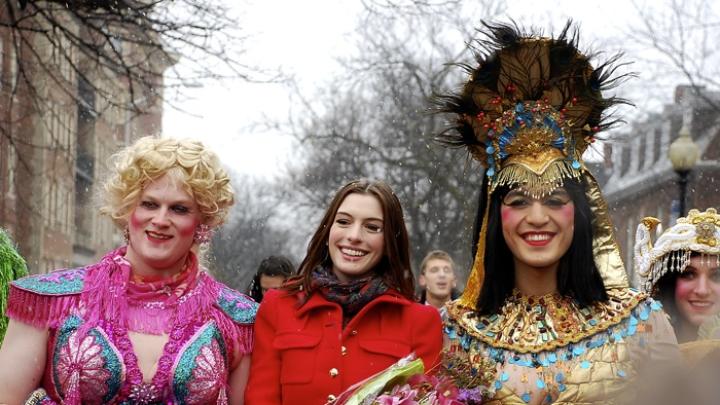 Members of the Hasty Pudding Theatricals honored Anne Hathaway with a parade during her January 28 visit to Harvard.