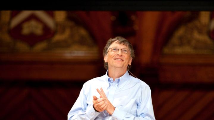 Bill Gates on stage at Sanders Theatre. He visited as part of a three-day tour of universities across the United States designed to inspire students and scholars to focus on the biggest problems facing humanity. 