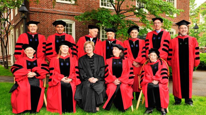President Drew Faust and Provost Steven Hyman with the 2010 honorary degree recipients. Back row, from left to right: David Nathan, Freeman Hrabowski, Richard Serra, David Souter, Thomas Nagel, Thomas Cech, and Hyman. Front row, from left to right: Onora O'Neill, Meryl Streep, Faust, Susan Lindquist, and Renée Fox.