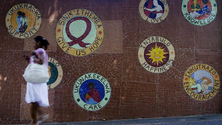 At McCord Hospital in Durban, South Africa, the Sinikithemba ("We give hope" in Zulu) program gives HIV patients more than prescriptions and tests. It has also trained many in income-generating activities; this mosaic, created by HIV patients, is one example.