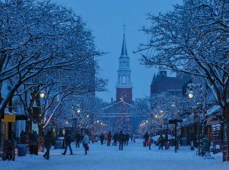 wintry scene of downtown Vermont's pedestrian shopping zone