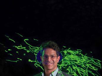 Vamsi Mootha with an image from his lab showing thread-like mitochondria (green) moving within a cell.