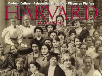 A composite of Radclife College classes through the years: 1896, 1912, 1931, and 1935 on the cover of the November-December 1999 issue of Harvard Magazine.