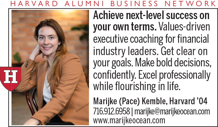 Caucasian woman with shoulder length brown hair, brown blazer, white top. Achieve next-level success on your own terms. Values-driven executive coaching for financial industry leaders. Marijke (Pace) Kemble, Harvard ’04