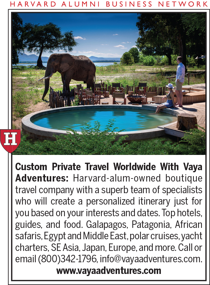 Man and woman looking at an elephant by a wading pool Vaya Adventures. Harvard-alum owned boutique travel company with a superb team of specialists who will create a personalized itinerary just for you based on your interests and dates. Top hotels, guides, and food. Galapagos, Patagonia, African safaris, Egypt and Middle East, polar cruises, yacht charters, SE Asia, Japan, Europe, and more!
