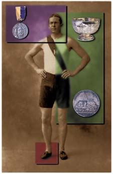  Ellery H. Clark '96 was the only Harvard undergraduate who obtained permission to attend the first Olympic Games. He won the two first place silver medals, shown obverse and reverse above, in the high jump and the long jump. Greek Crown Prince Constantine conferred the silver cup on double winners.