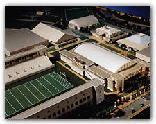 Above: A model of the new racquets facility, showing the stadium-facing fa&ccedil;ade
