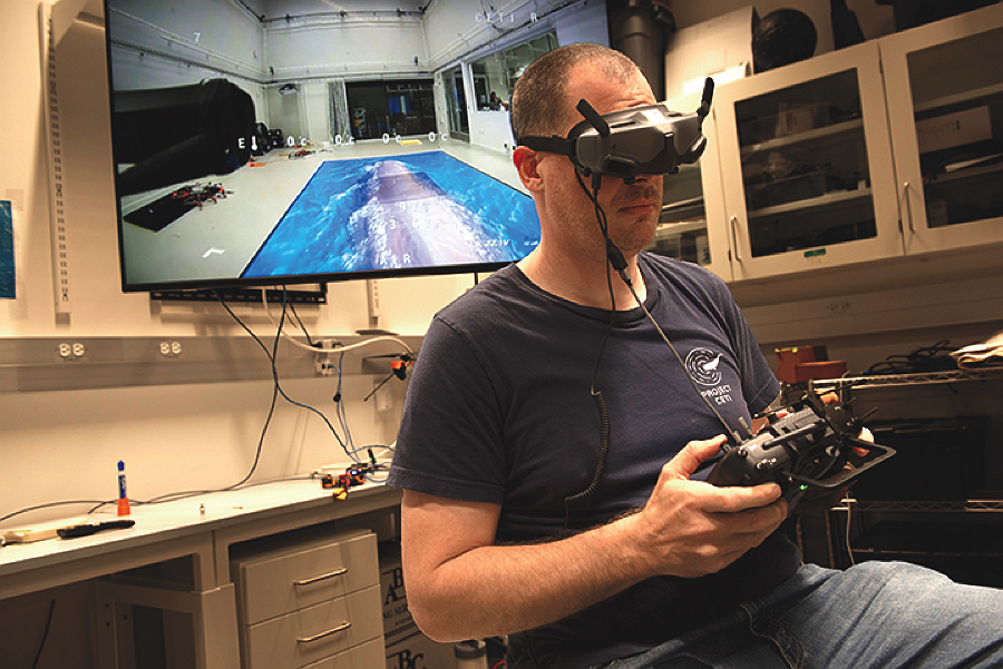 Virtual reality goggles are used to train drone operators