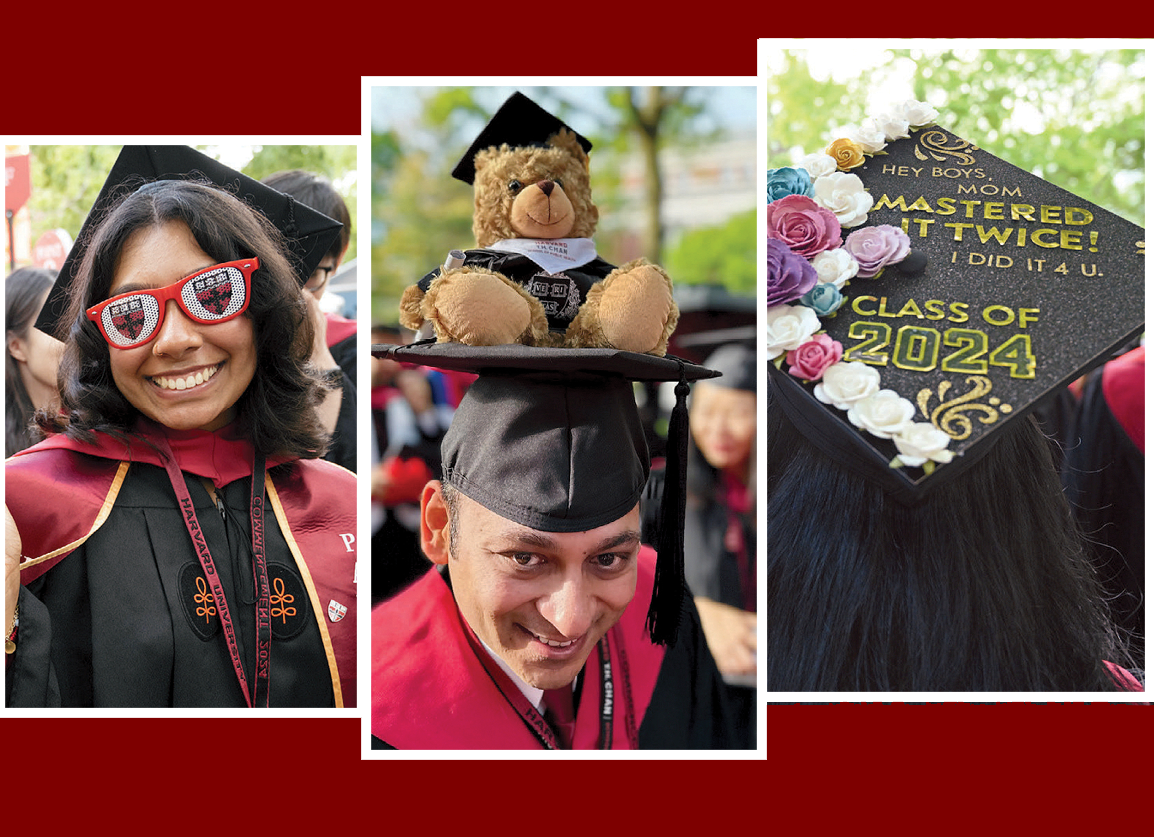 Drab graduation garb always brings out students’ latent artistic talents. From left:  Isha Vaish, S.M. ’24, in School of Engineering and Applied Sciences shades; Faisal Reza, M.P.H. ’24, and diploma-bear-ing teddy; Master-ing the grad cap