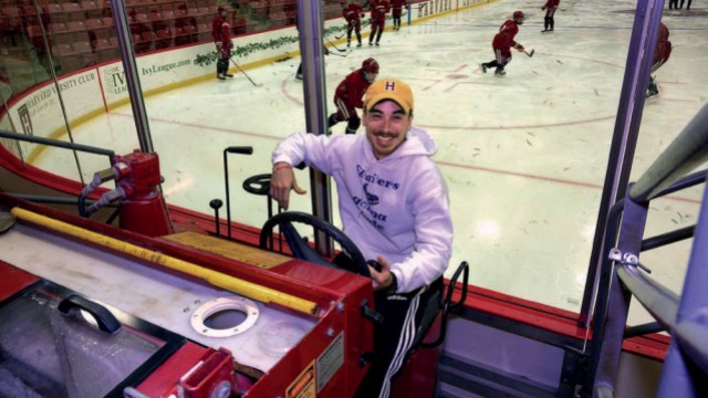 Matt Gilmore, sitting behind the wheel of a Zamboni
