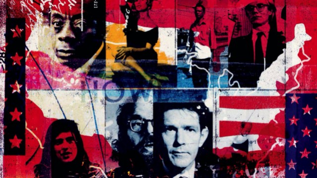 A collage of emblematic figures in American history set against the Stars and Stripes