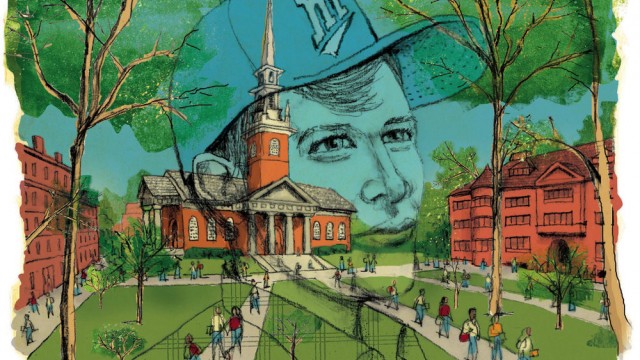 An illustration of Harvard Yard with a superimposed rendering of a youthful male figure contemplating his place at the College