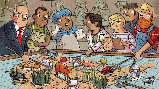 A cartoon illustration showing a situation room with businessmen, farmers, and other food system constituents moving the parts of the food system around on a game board.