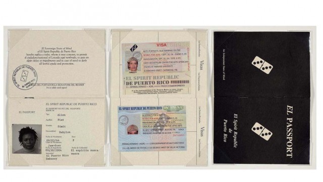 A spoof passport written in Spanglish for the fictional country El Spirit Republic of Puerto Rico, with a domino in place of a national seal on its cover