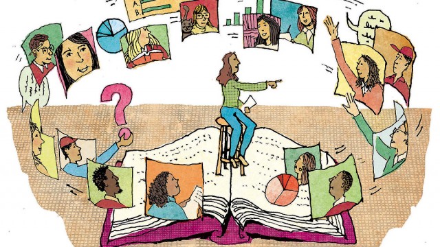 Teaching on Zoom An illustration showing a teacher sitting on an enormous open book with students on screens hovering around her, some raising their hands to ask questions