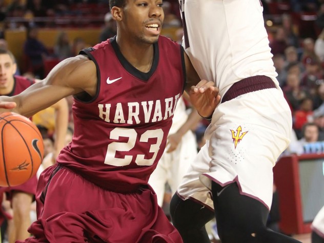 Photograph by Gil Talbot/courtesy of Harvard Athletic Communications Senior Wesley Saunders (shown here against Arizona State) has led the Crimson attack but struggled to score against Virginia’s rigid defense.