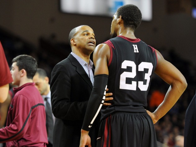 Photograph by Gil Talbot/Harvard Athletic Communications Harvard coach Tommy Amaker is trying to figure out how best to utilize—but not exhaust—reigning Ivy League Player of the Year Wesley Saunders ’15.