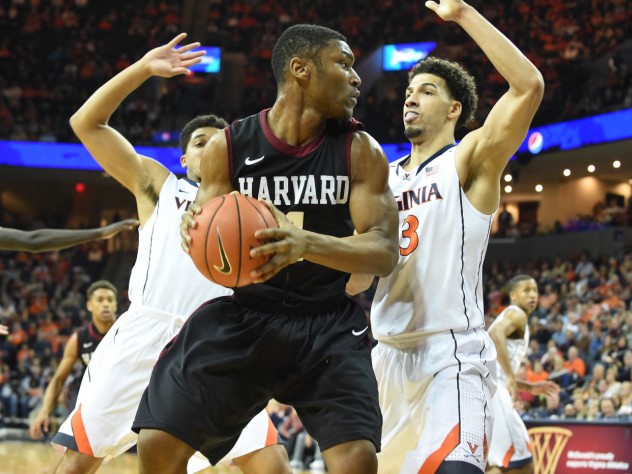 Photograph by Gil Talbot/courtesy of Harvard Athletic Communications Sophomore Zena Edosomwan (shown here against Virginia) emerged as a more consistent post presence during Harvard’s three-game road trip.