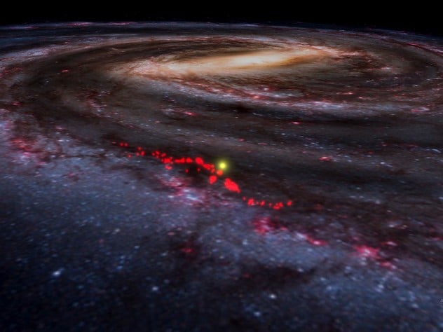 Red dots represent the Radcliffe Wave, superimposed here on an artist's rendering of the Milky Way as it appears in a screen shot taken from WorldWide Telescope.