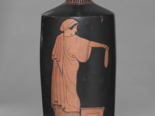 Harvard Art Museums/Arthur M. Sackler Museum, Gift of Frederick M. Watkins, 1959.193. Photo: Junius Beebe © President and Fellows of Harvard College. Manner of Douris, <i>Red-Figure Lekythos: Woman Holding an Alabastron,</i> Greek, 480–470 BC.