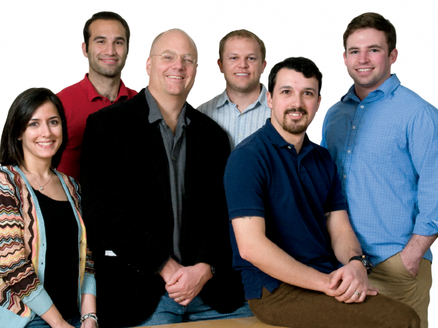 Photograph by Jim Harrison Tarr Family professor of bioengineering and applied physics Kevin “Kit” Parker with some members of his TBI research team (from left): postdoctoral fellow Leila Deravi, doctoral candidate Borna Dabiri ’07, Parker, doctoral candidate Matt Hemphill, lab engineer Josué Gross, and doctoral candidate Sam Felton