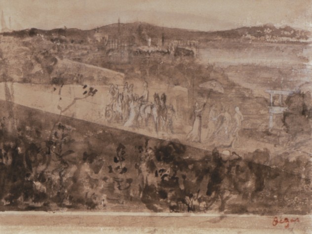 Image courtesy of the Isabella Stewart Gardner Museum Degas, <i>Cortège aux Environs de Florence</i>. Pencil and wash on paper, 16 x 21 cm.