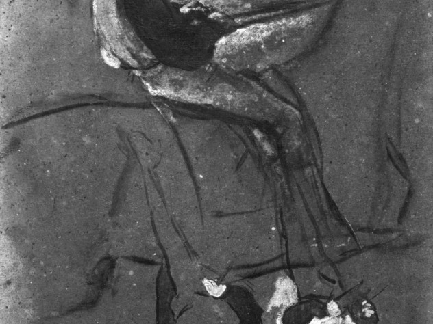 Image courtesy of the Isabella Stewart Gardner Museum Degas, <i>Three Mounted Jockeys</i>. Black ink, white, flesh, and rose washes, probably oil pigments, applied with a brush on medium brown paper, 30.5 x 24 cm.