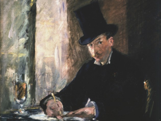 Image courtesy of the Isabella Stewart Gardner Museum Manet, <i>Chez Tortoni,</i> 1878–1880. Oil on canvas, 26 x 34 cm. Inscribed at the foot on the left: Manet. This picture shows a jaunty gentleman in a top hat writing in a Parisian café. Gardner placed this small work on a table beneath the darker and far more somber portrait of Manet’s mother, shown as a widow in a black veil and a silk dress entirely in black. The painting is believed to have been painted in the café, Chez Tortoni, located in the Rue Laffitte, Paris, where Manet frequently lunched.
