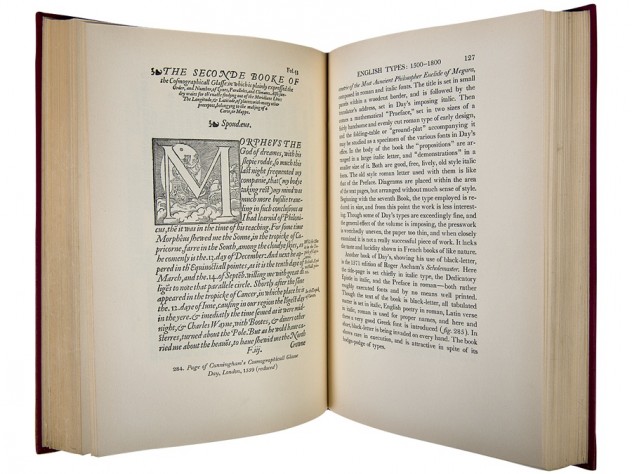 Book courtesy of the Harvard University Press and Houghton Library; photograph of book by Jim Harrison A spread from Daniel Berkeley Updike’s <i>Printing Types</i> (1923), a popular treatise and an outstanding piece of bookmaking 