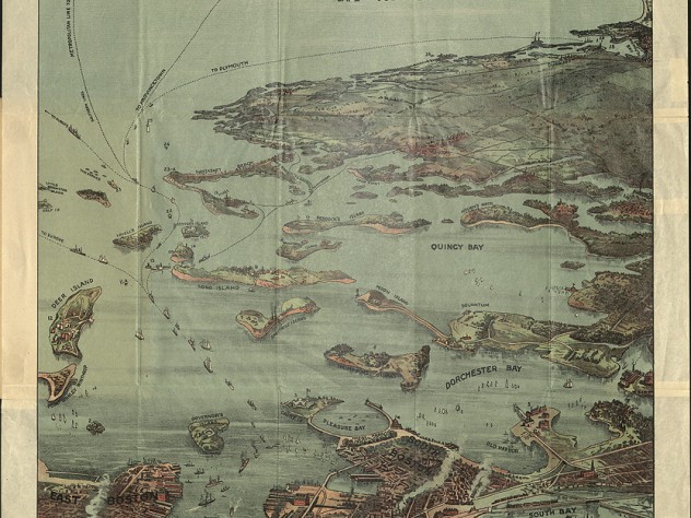 An illustrated, three-dimensional map of Boston showing details of buildings and boats across its water bodies