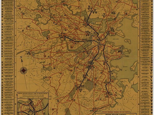 A map shows blue and red rail lines traversing across the Boston area