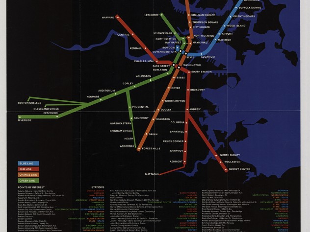 Four brightly colored Boston subway lines superimposed on a black, undetailed map outline of the city