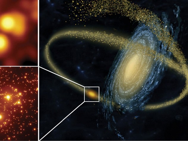 Images on left by Chien Peng/GMTO. Image on right by Jon Lomberg (at right): Artist’s rendering of a small galaxy being disrupted by a larger one and (at left) a simulation showing the gains in resolution obtained by using the GMT’s adaptive optics (to correct for blurring from Earth’s atmosphere) in studying crowded star clusters.