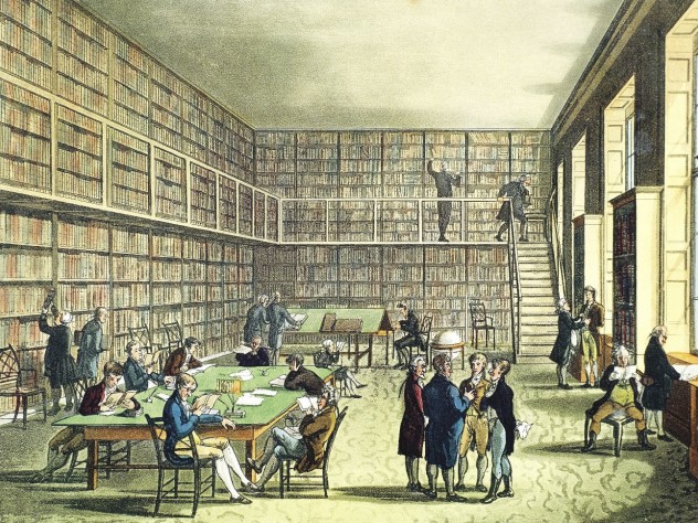 Image by Corbis Images Thomas Rowlandson’s view of the library of the Royal Institution in London, circa 1810