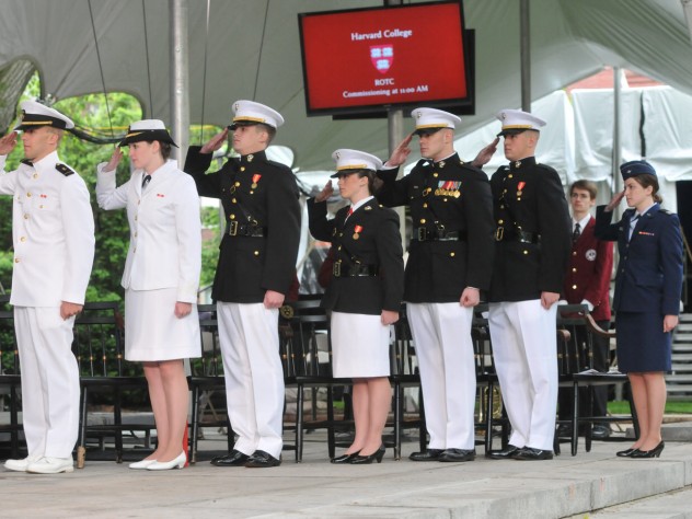Photograph by Jim Harrison The Harvard ROTC class of 2014 (from the left): imminent officers Christopher J. Curtis, Catherine M. Philbin, James S. Brooks, Catherine A. Brown, Taylor B. Evans, Peter Machtiger, and Madison Coveno