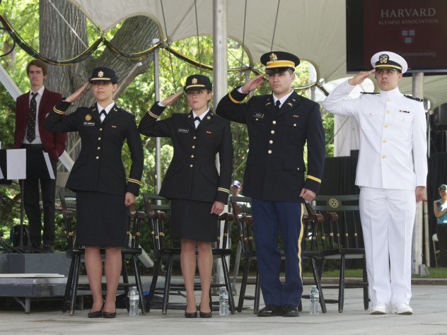 Photograph by Jim Harrison The class of 2015’s ROTC contingent (from left): Second lieutenants Sophia Chua-Rubenfeld, Molly McFadden, and William Scopa, and Ensign Sebastian Saldivar