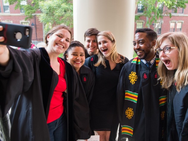 Students pose outside of Memorial Church