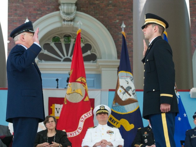 Lieutenant Colonel John Paul Clarke ’67 administered the oath of office to his son, new Second Lieutenant James Clarke.